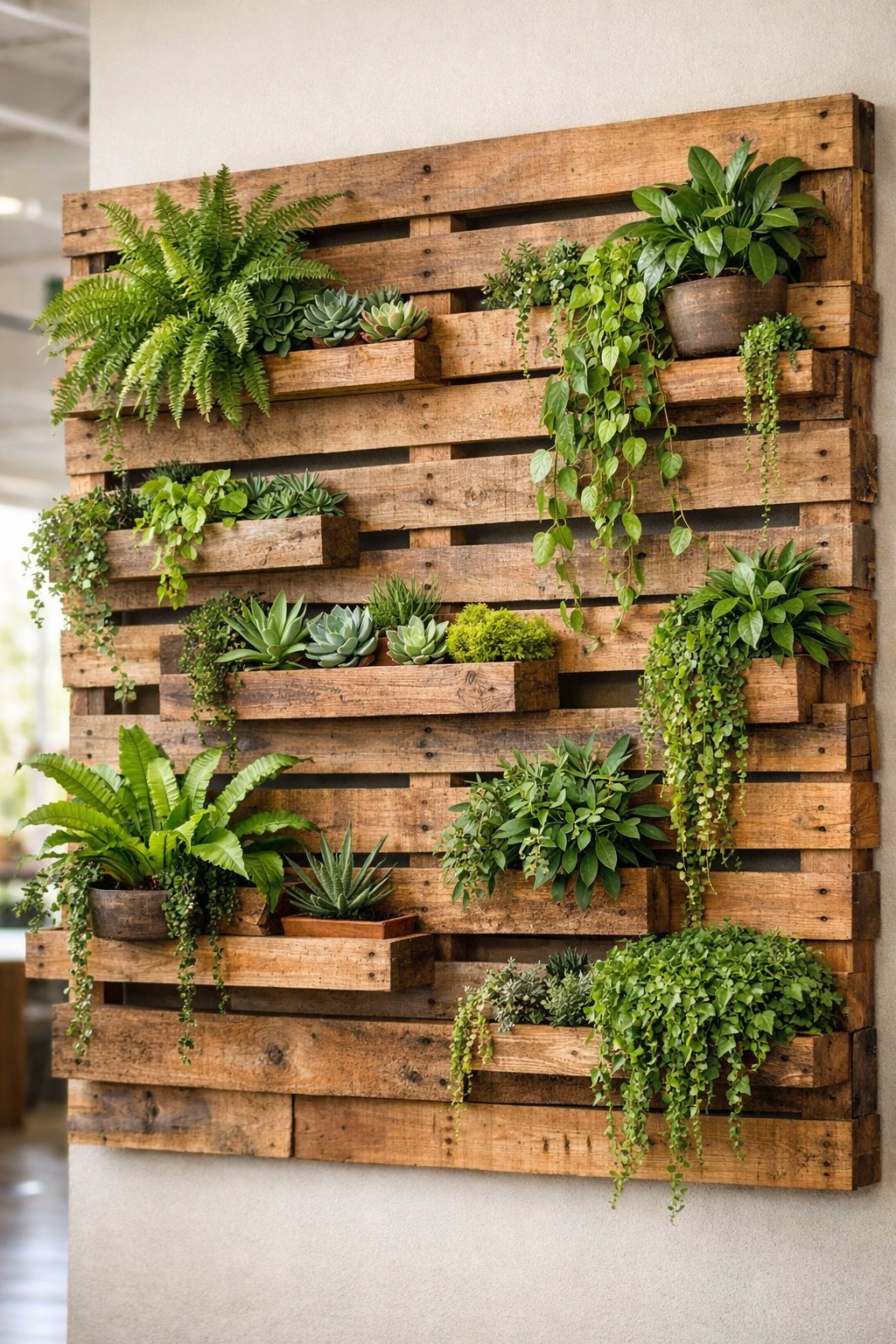 Indoor wall covered with green plants growing from recycled wooden pallets in a bright room.