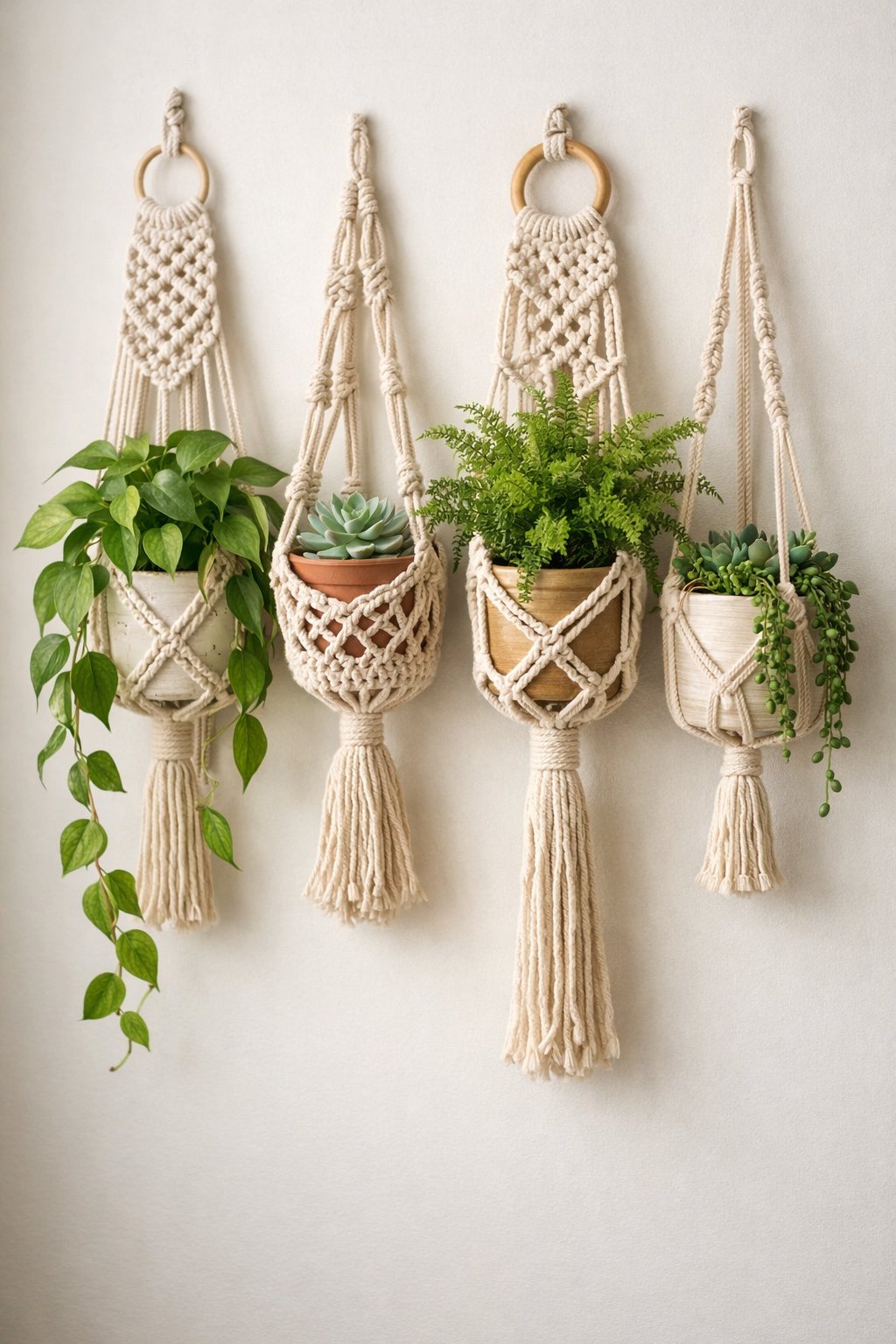 A cluster of macramé plant holders hanging on a wall, each holding green indoor plants.