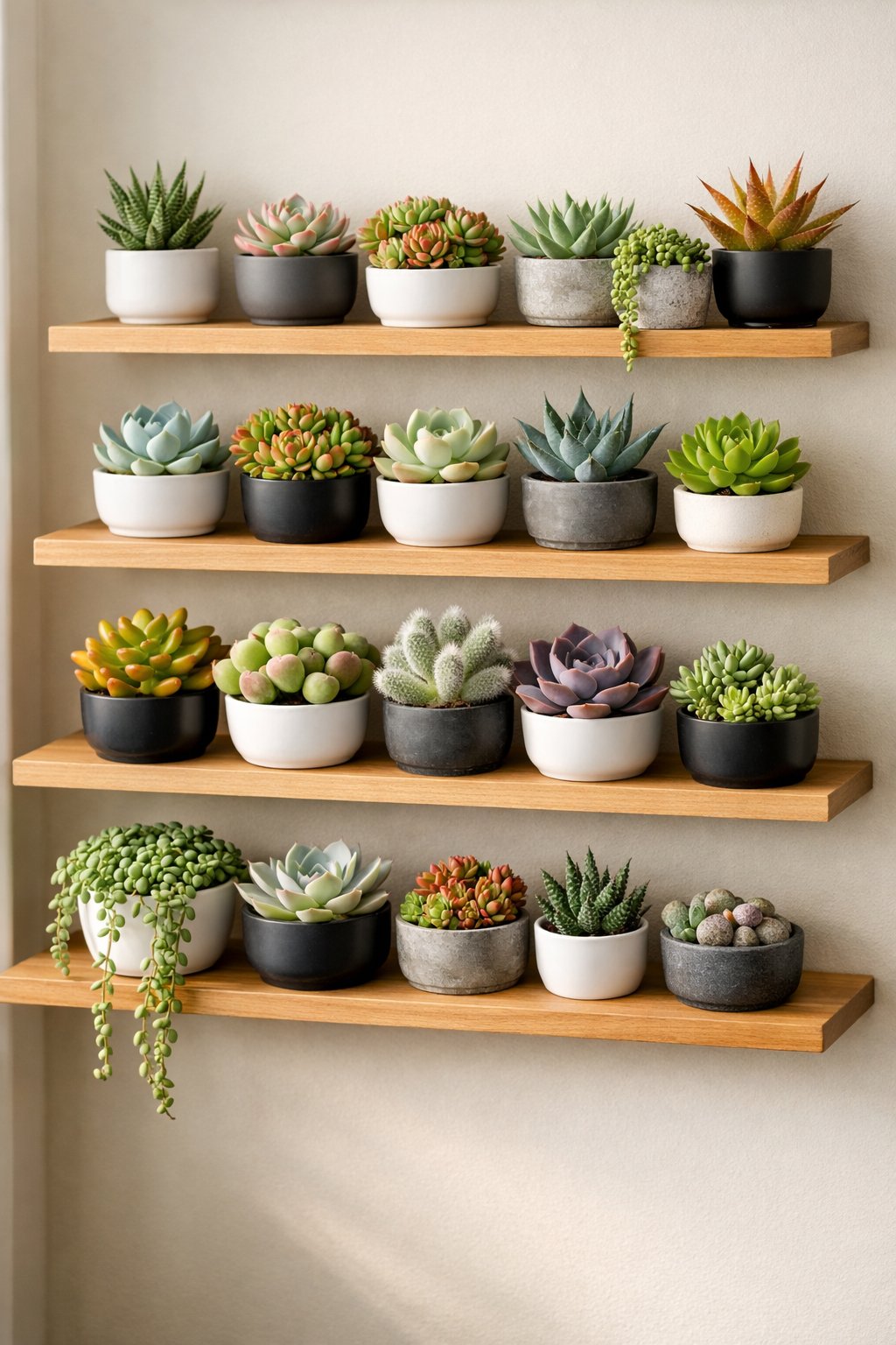 A wall with multiple shelves holding small succulent plants arranged in tiers inside a room.