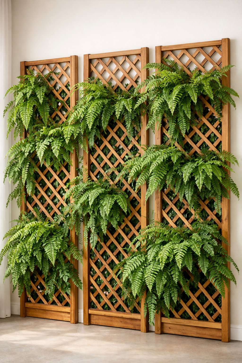 Indoor wall with wooden lattice panels covered in lush green ferns climbing and hanging down.