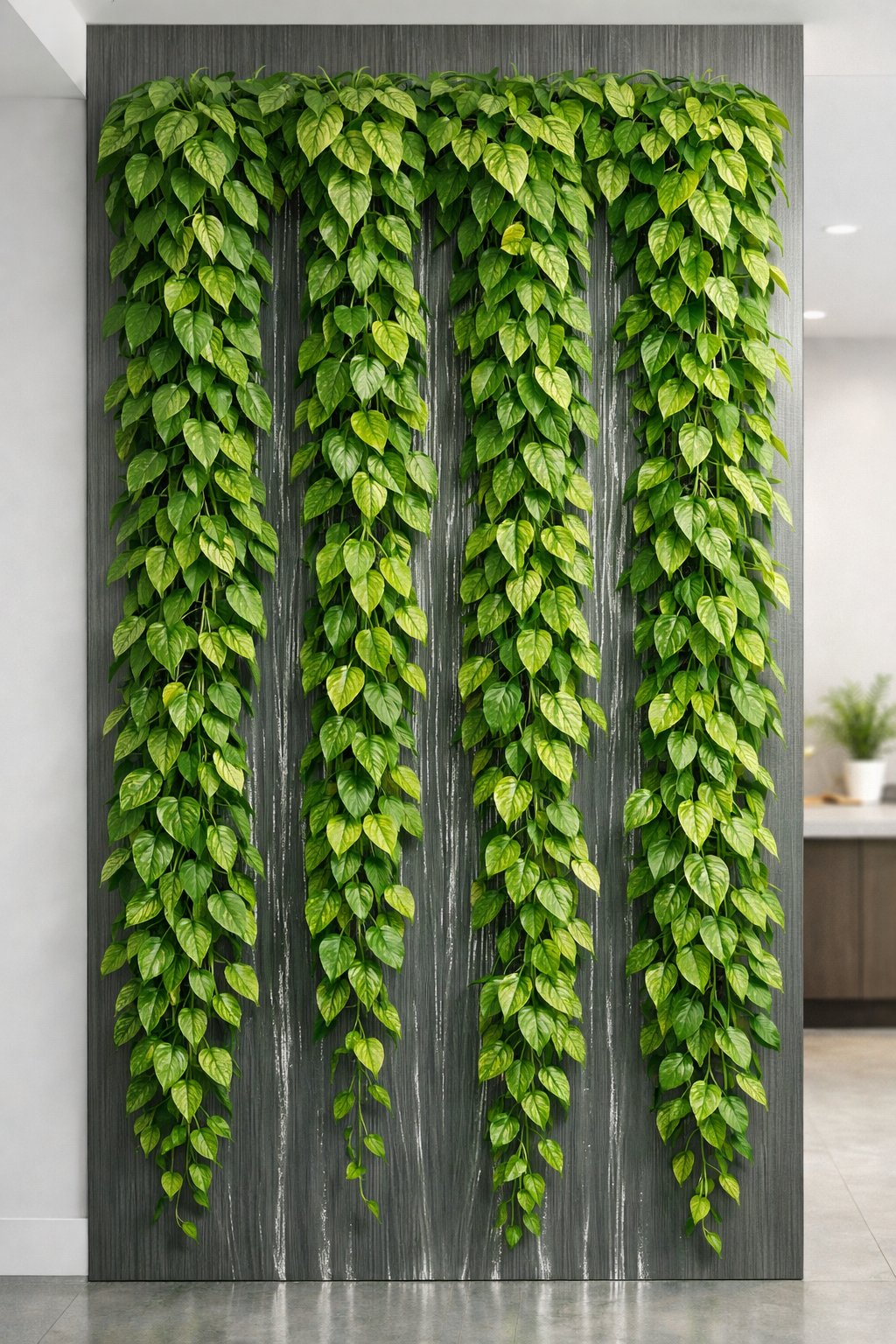 Indoor green wall with trailing pothos plants cascading down a vertical panel in a bright, modern room.