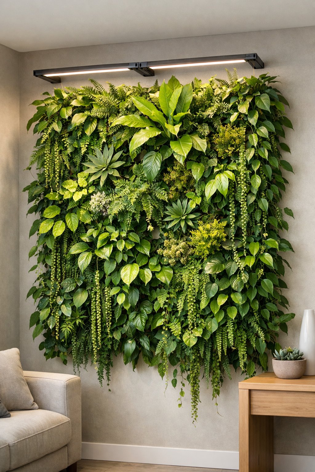 Indoor vertical garden with various green plants growing on a wall under LED grow lights.