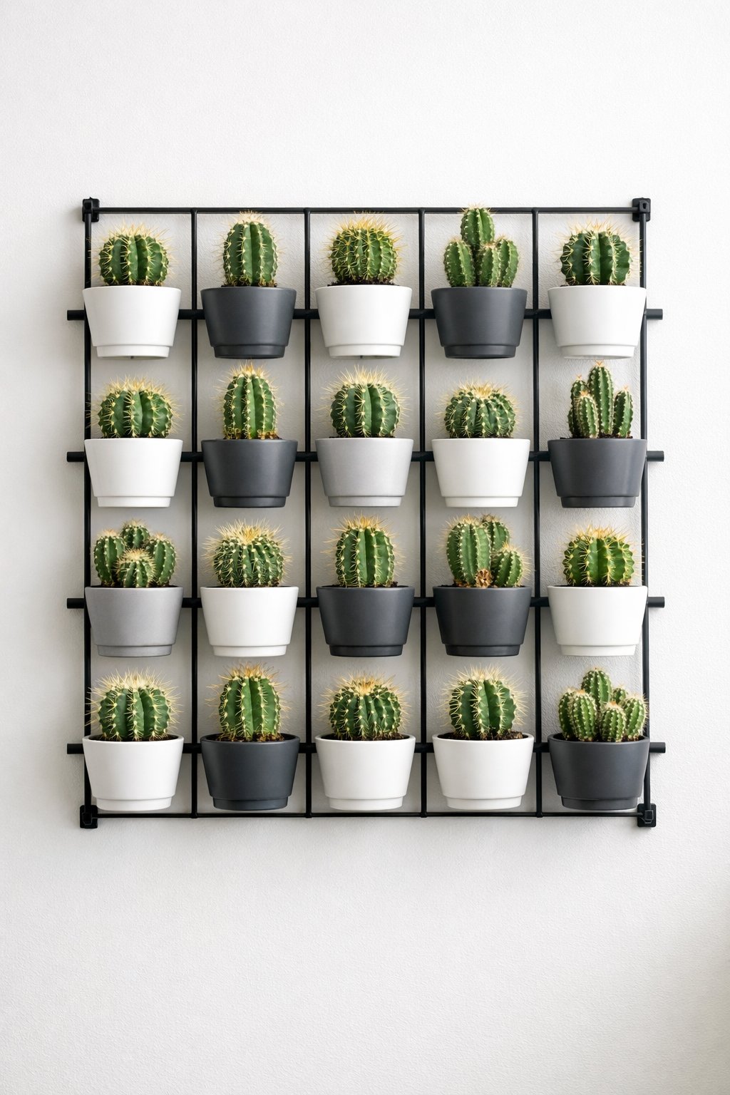 A wall-mounted grid displaying multiple small potted mini cacti arranged neatly in rows.