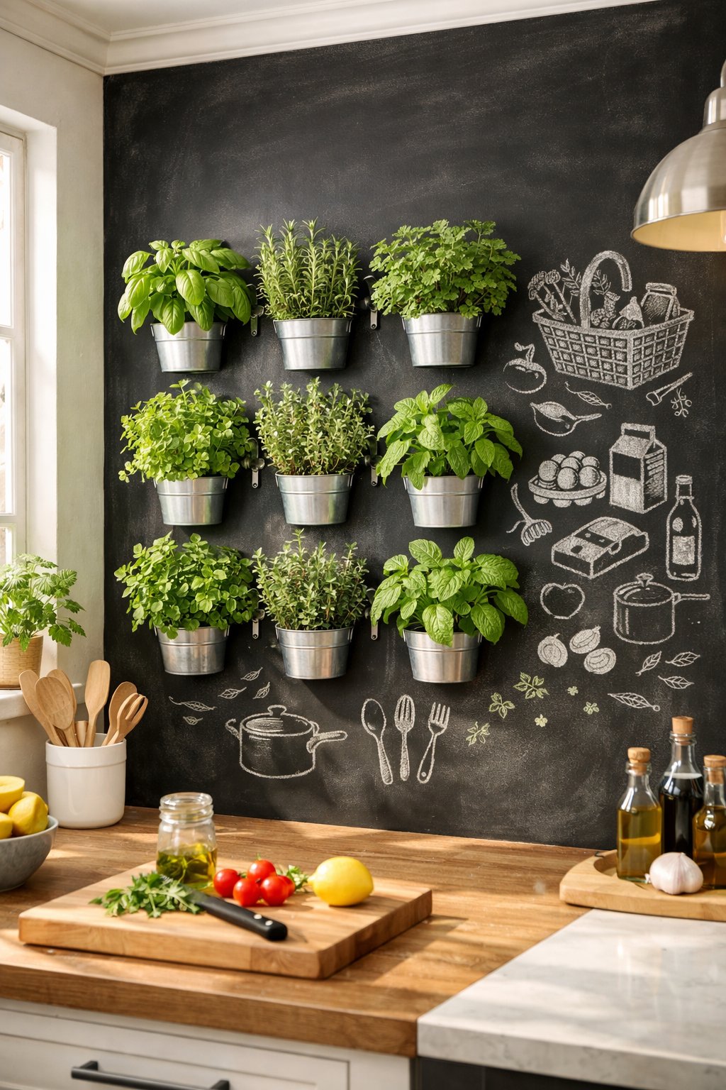 A kitchen with a chalkboard wall holding small pots of fresh herbs and chalk drawings representing grocery lists.