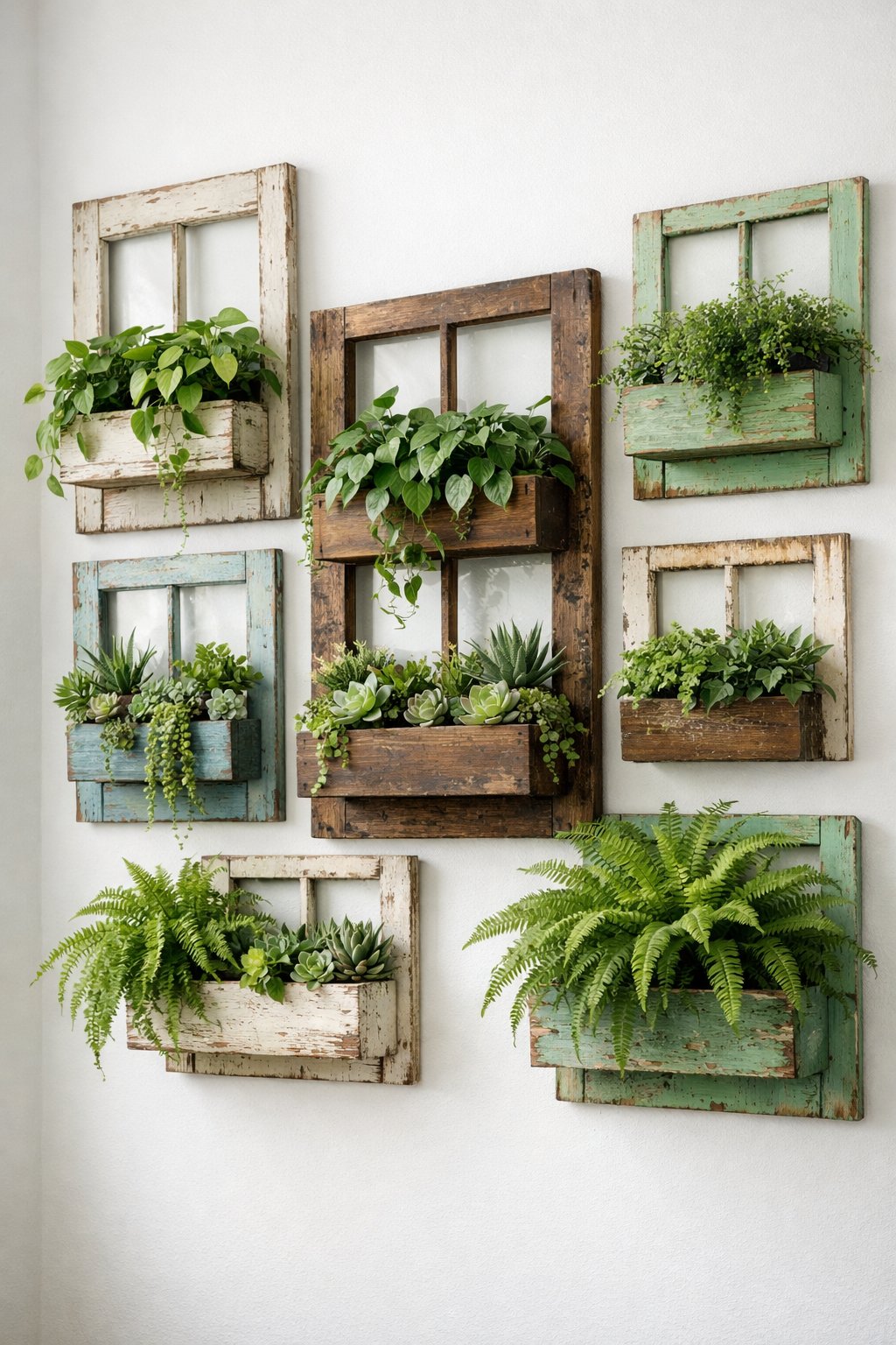 Indoor wall decorated with vintage wooden window frames used as planters filled with green indoor plants.