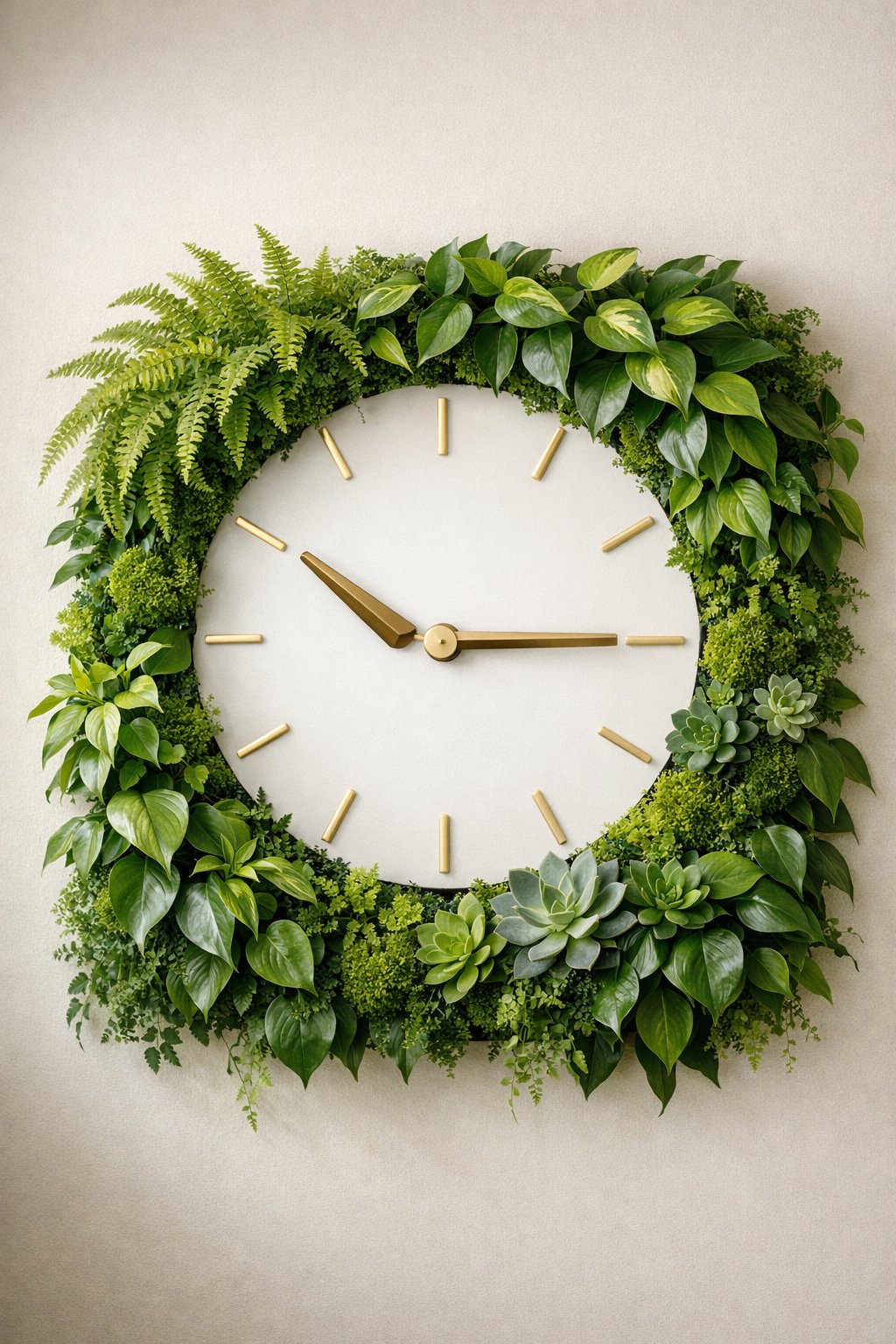 A wall clock surrounded by various indoor plants arranged vertically on a wall.