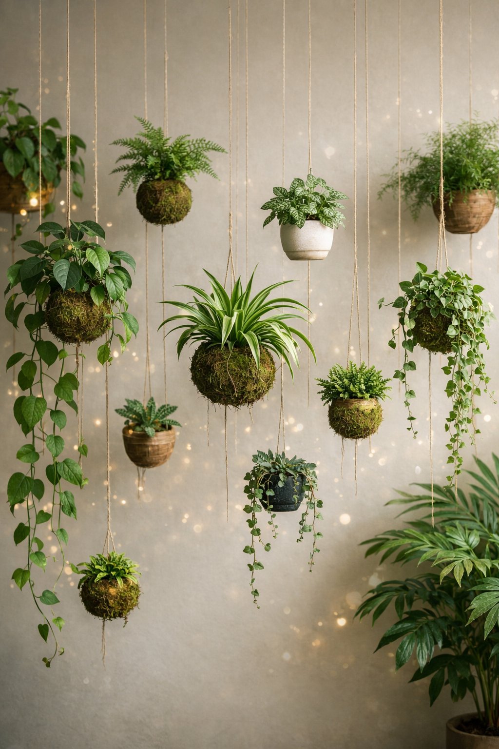 Indoor wall decorated with various green plants hanging from strings at different heights.