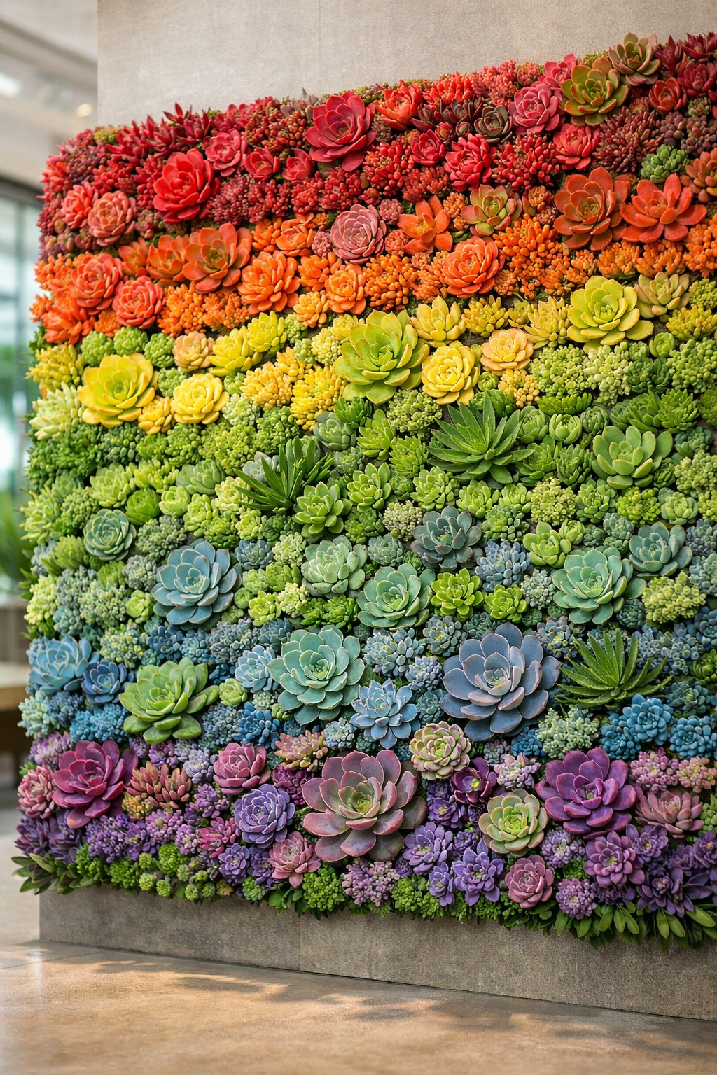 An indoor wall covered with colorful succulents arranged in horizontal rainbow stripes.