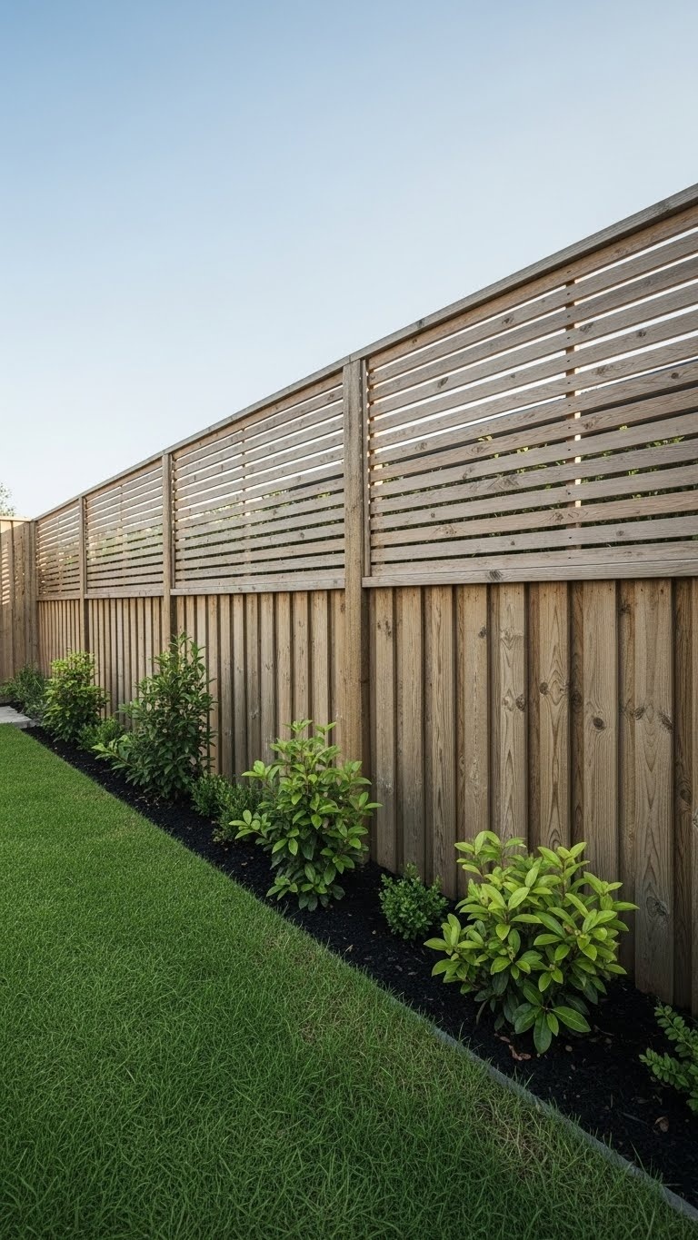Backyard with a wooden fence combining horizontal and vertical slats, surrounded by green grass and small plants under a clear sky.