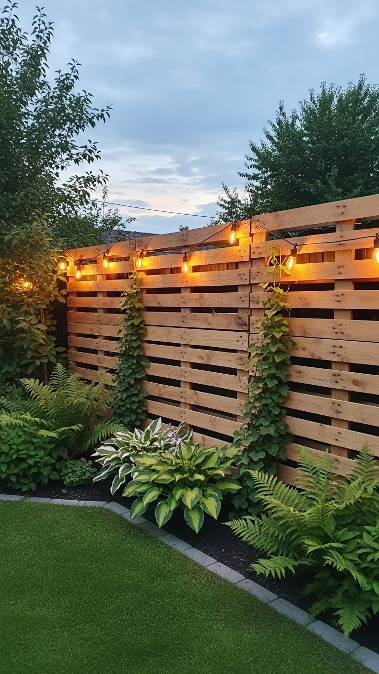 Backyard with a pallet fence decorated with string lights glowing warmly among green plants.