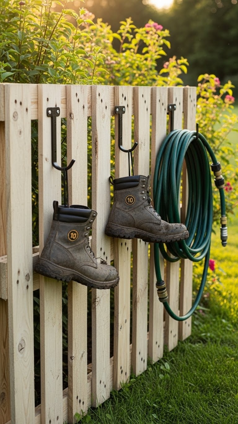 Pallet Fence with Attached Hooks for Hosing Down Muddy Boots