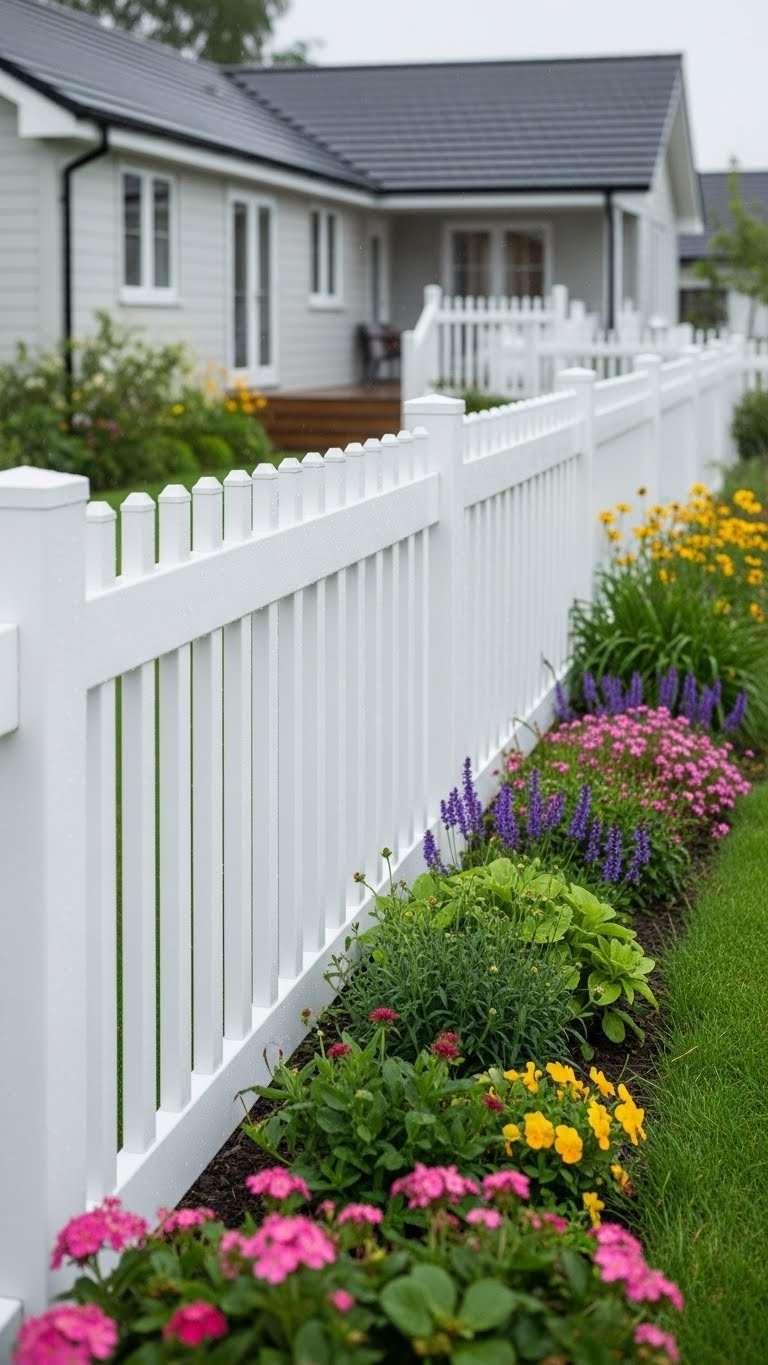Low Maintenance Vinyl White Picket Fence that laughs at rain