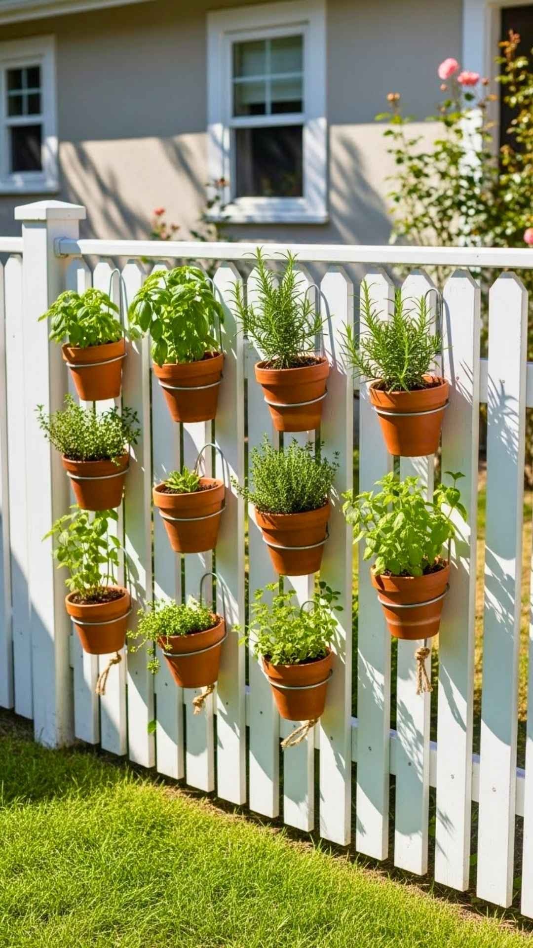 A white picket fence section used as a vertical herb garden with various green herbs growing in pots attached to the fence in a sunny backyard.