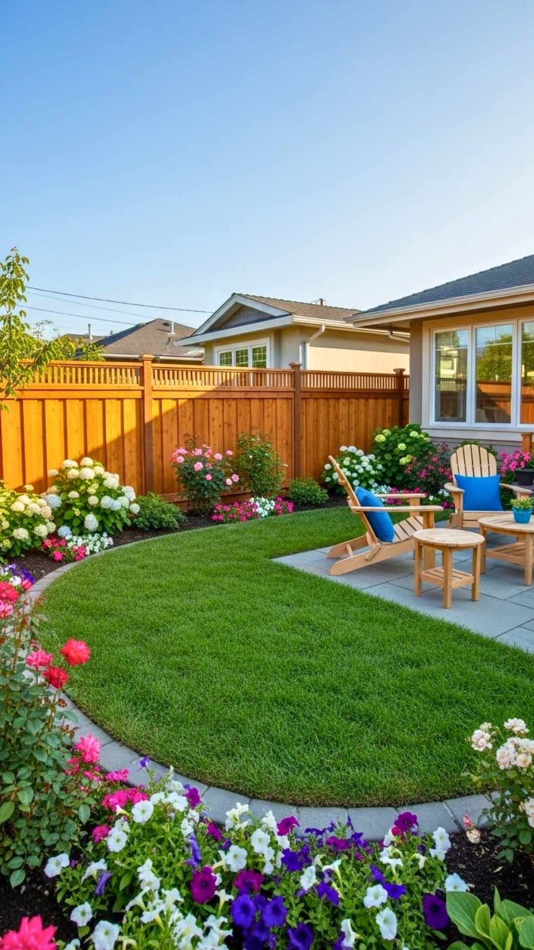 A backyard with wooden fences surrounding green grass, flowers, and garden furniture under a clear sky.