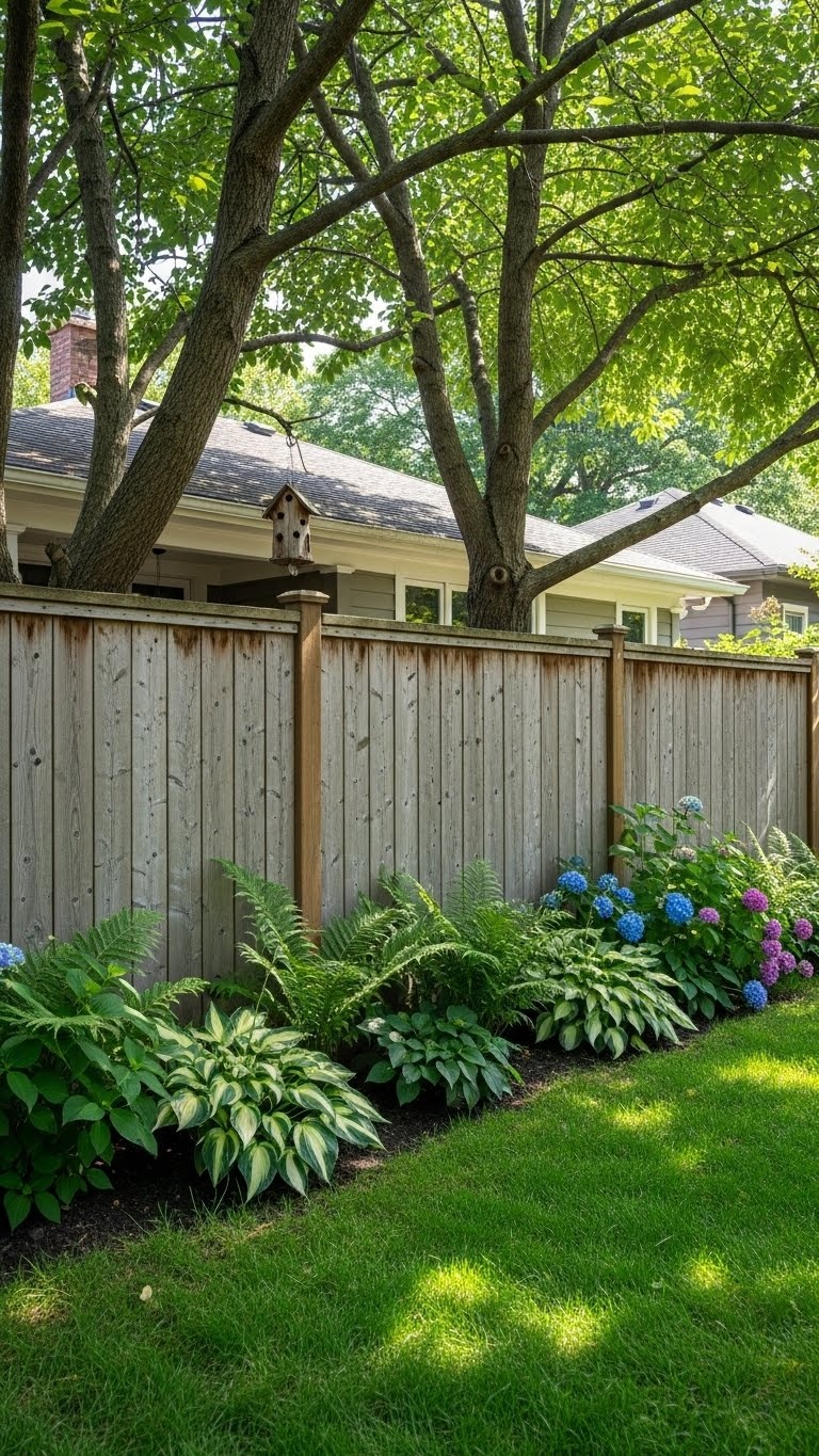 A cedar wood fence in a backyard surrounded by green plants and trees with sunlight filtering through.