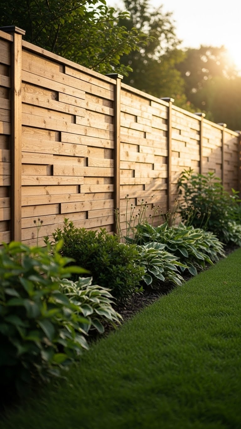 A backyard with a horizontal wood fence made of boards of different widths arranged in a patchwork pattern, with green grass and plants nearby.