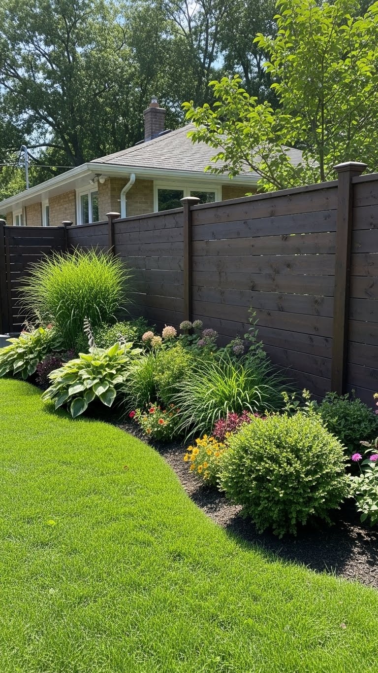 A backyard with a dark stained horizontal wood fence and green grass with some plants near the fence.