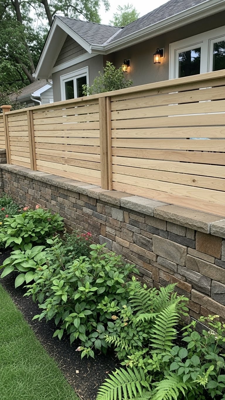 A backyard fence with a stacked stone base and horizontal wooden slats above, surrounded by green plants.