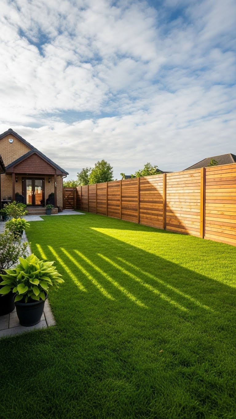 A backyard with a wide wooden fence made of horizontal planks and green grass in front.