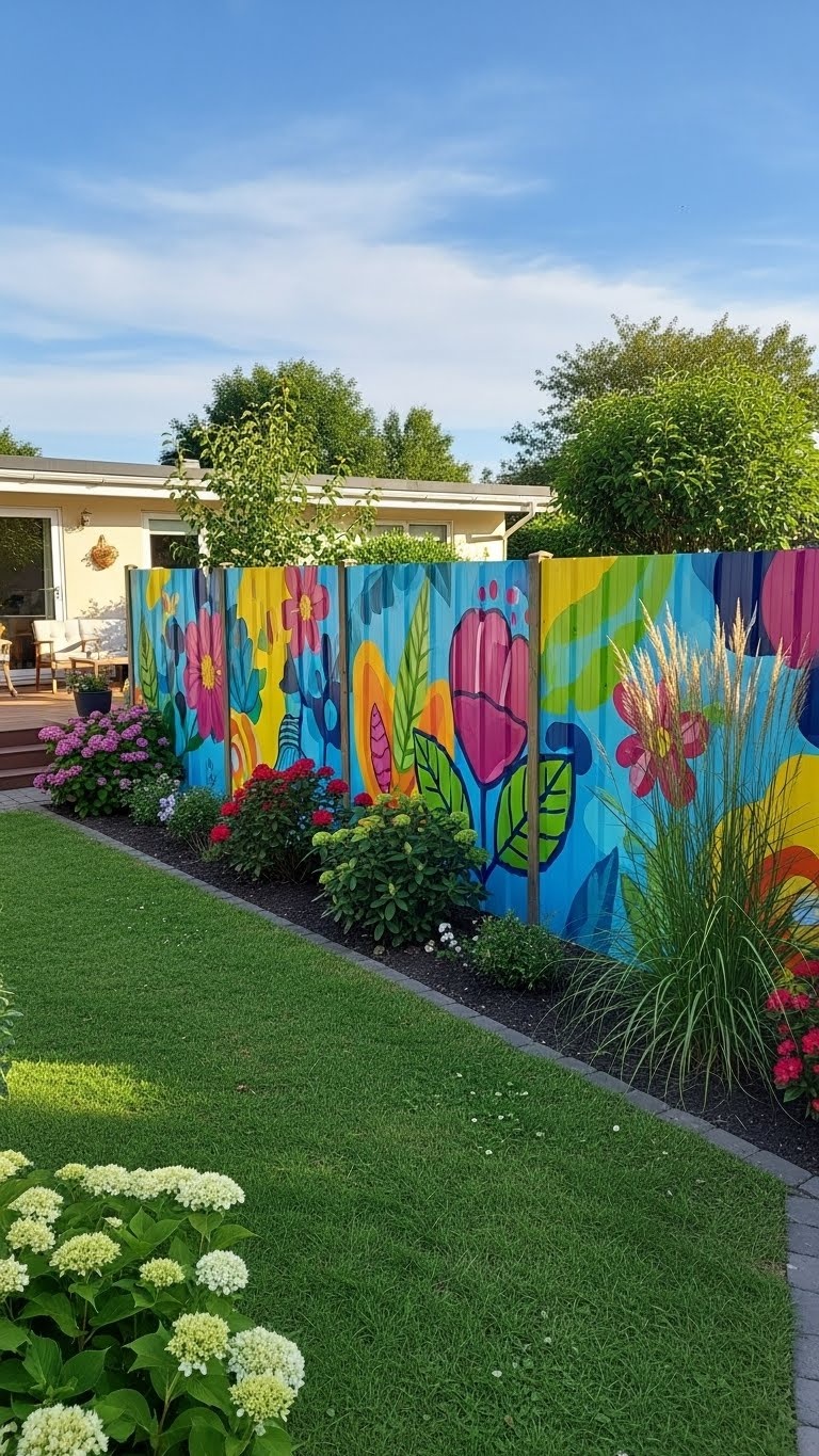 Backyard with a colorful painted sheet metal fence surrounded by green grass and garden plants under a clear sky.