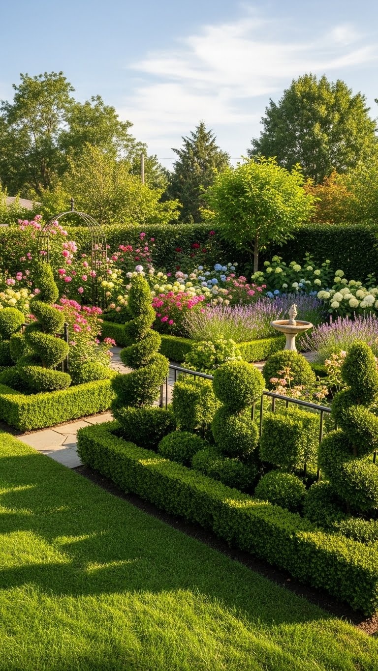 A backyard with a neatly trimmed boxwood topiary fence shaped into decorative forms, surrounding a green lawn with garden elements in the background.