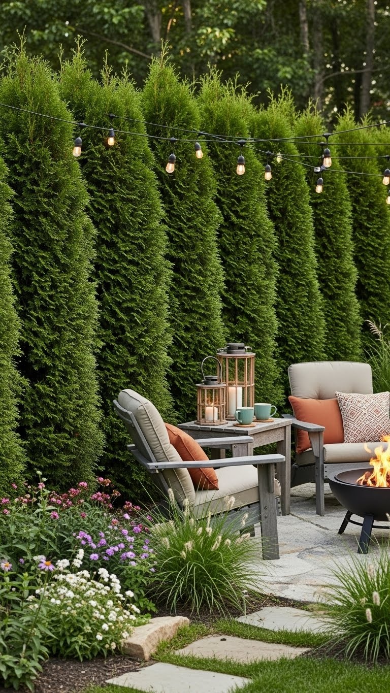 A backyard with a dense green juniper privacy hedge along the garden edge and a cozy outdoor seating area in the background.