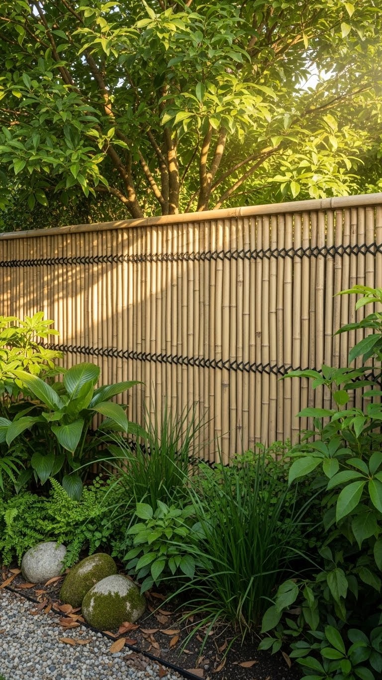 Backyard with a half-height bamboo fence surrounded by green plants and trees under soft sunlight.