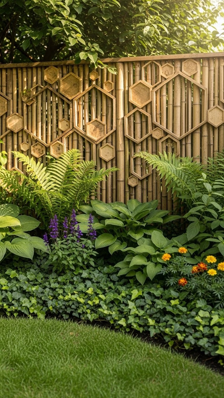 Backyard garden with a bamboo fence featuring geometric patterns surrounded by green plants and grass.