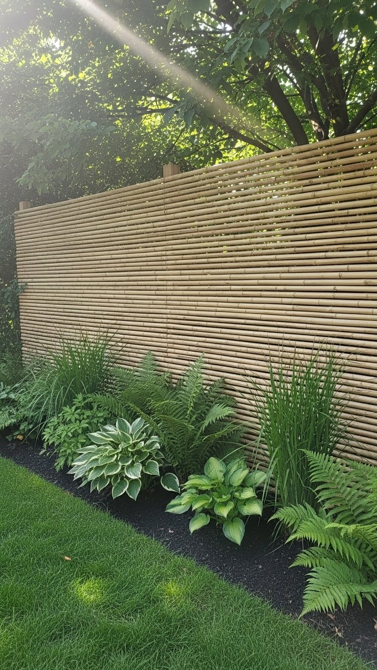 Backyard with a horizontal bamboo slats fence surrounded by green plants and grass under natural sunlight.