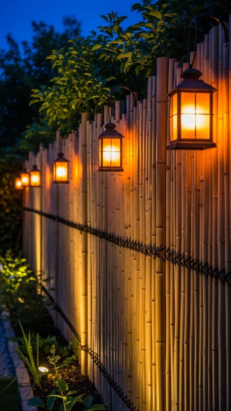 A backyard bamboo fence with warm glowing hanging lanterns at twilight.