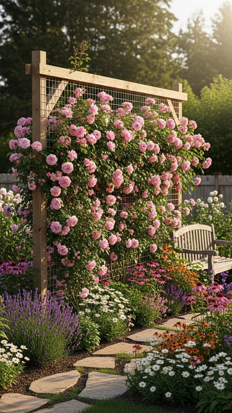 A backyard garden with climbing roses growing on a hog wire trellis attached to a wooden frame.