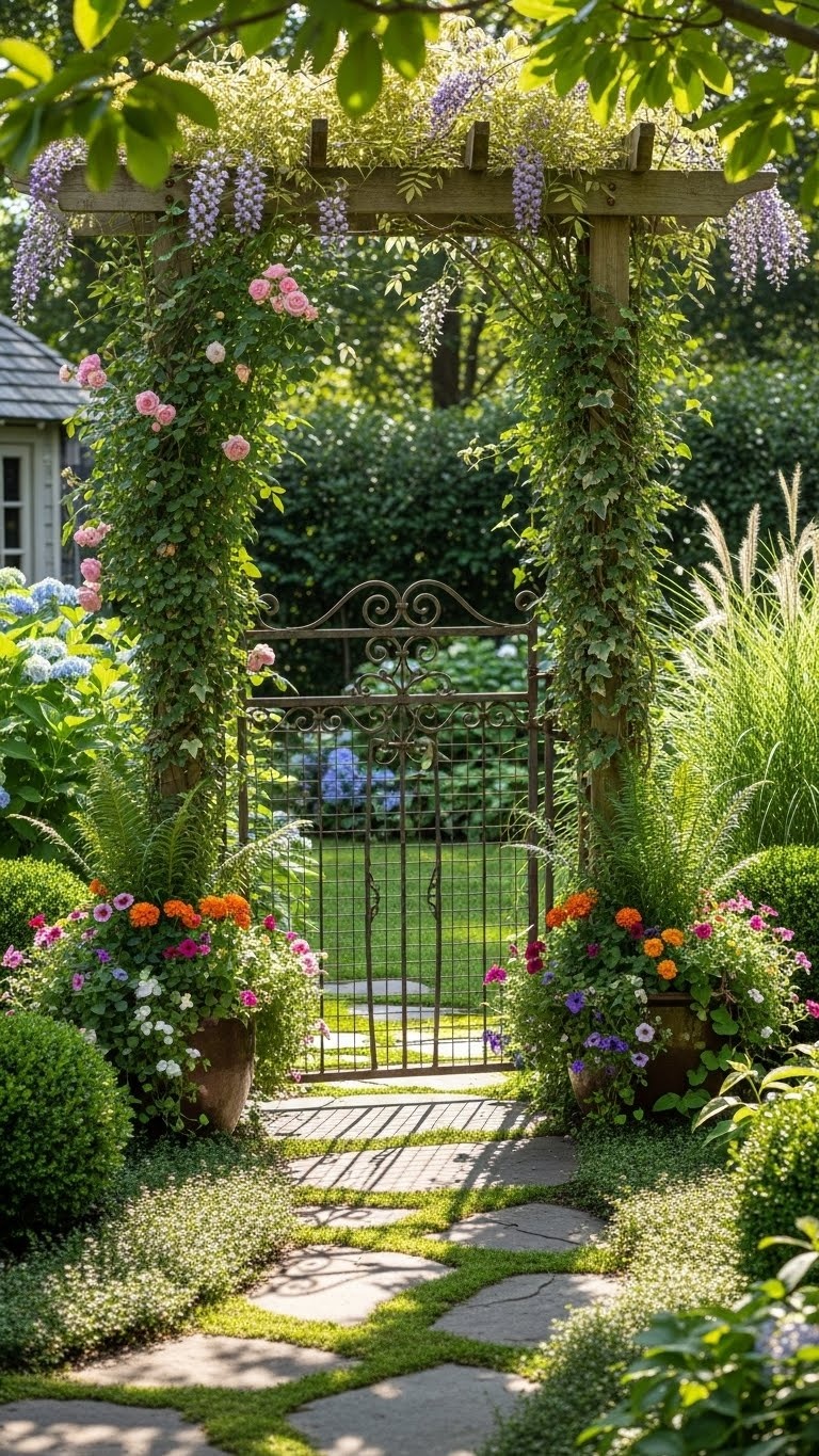 A backyard entrance with a metal and wire gate surrounded by plants and greenery.