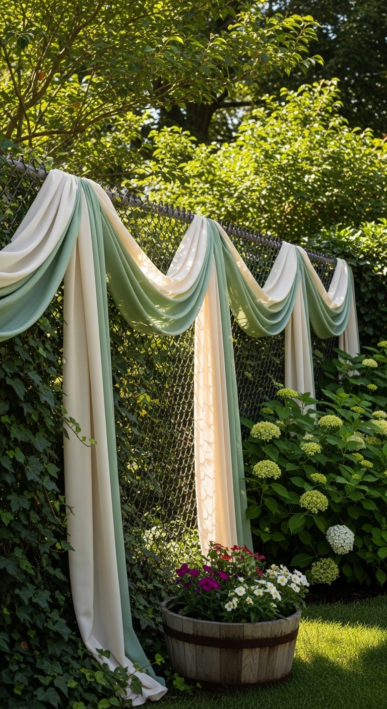 A backyard chain link fence draped with flowing outdoor fabric surrounded by greenery.