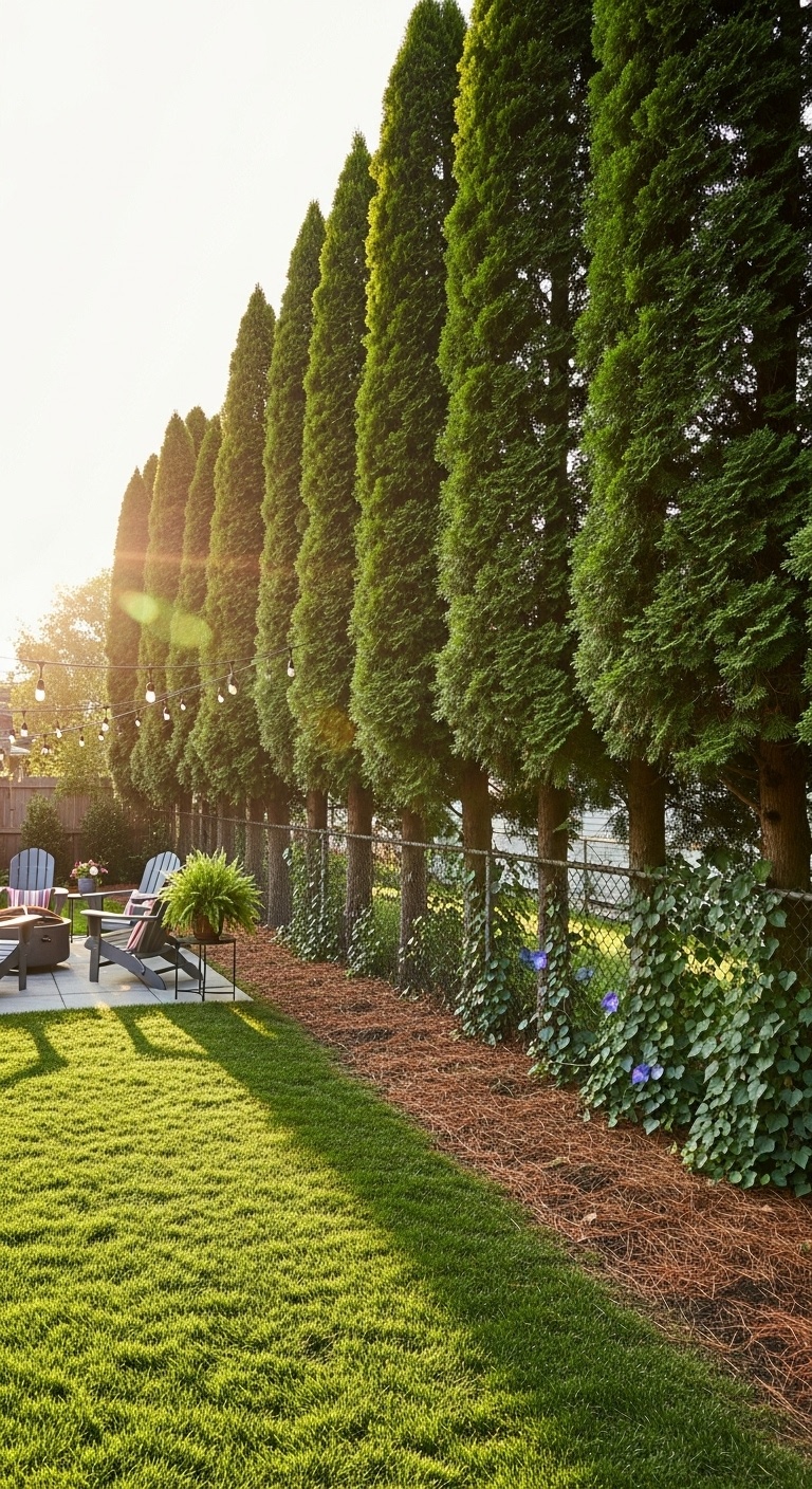 Backyard with a row of tall evergreen trees planted along a chain link fence creating a natural barrier.