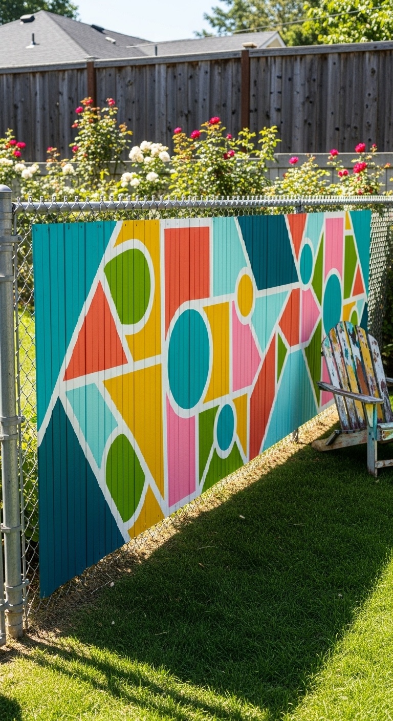Colorful geometric mural on a chain link fence in a backyard