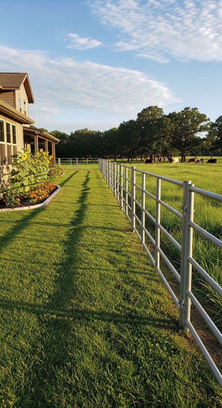 A double-layer cattle panel fence on a grassy farm field providing livestock security.