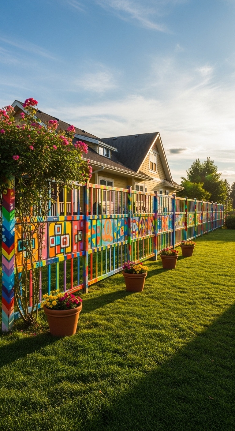 Colorfully painted cattle panel fences arranged outdoors on green grass under a clear blue sky.
