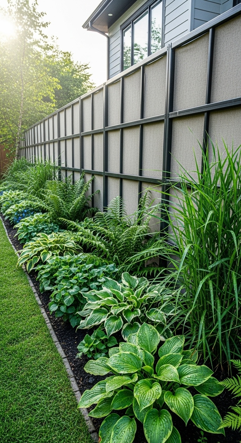 Backyard privacy screen made from metal cattle panels with fabric backing surrounded by green plants.