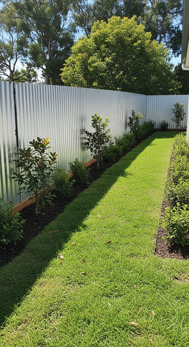 Backyard with a corrugated metal fence following the slope of a downhill yard surrounded by grass and shrubs.