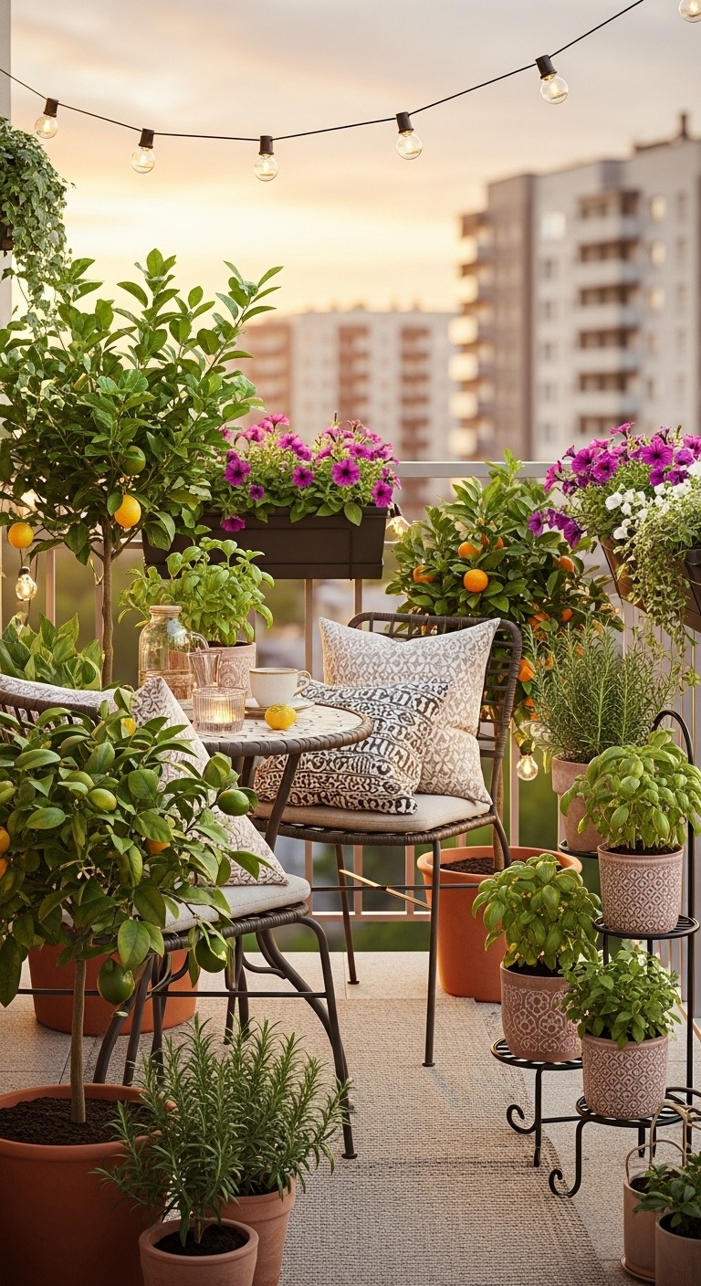 A small balcony garden with dwarf citrus trees in pots, outdoor furniture, and an urban background.