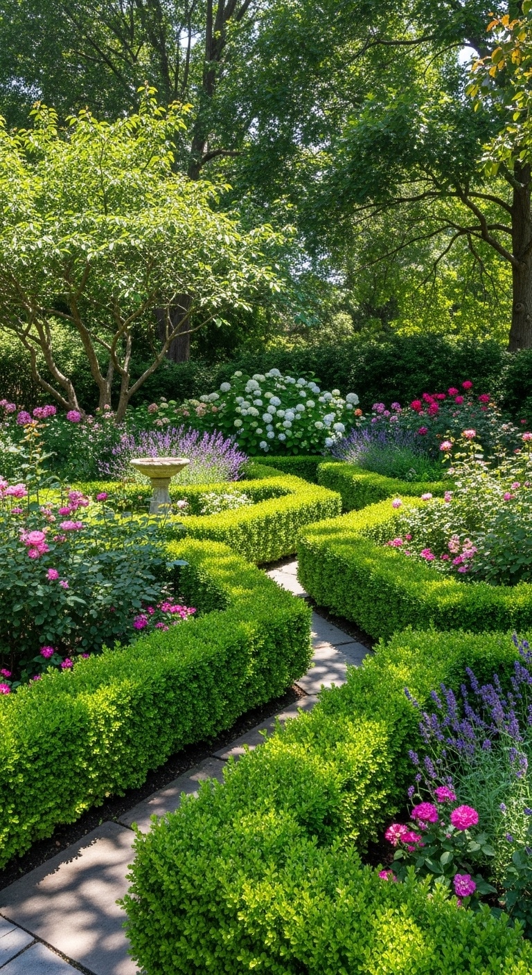 A neatly trimmed boxwood maze with green hedges forming winding pathways in a sunny backyard garden surrounded by flowers and trees.