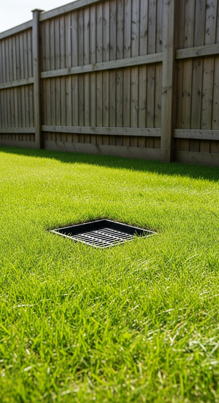 A worker installing a catch basin in a backyard with green grass and a wooden fence.