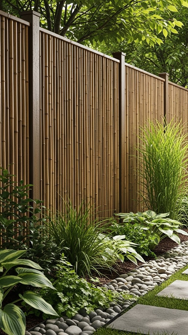 A backyard with vertical bamboo panels forming a fence, surrounded by green plants and stones.