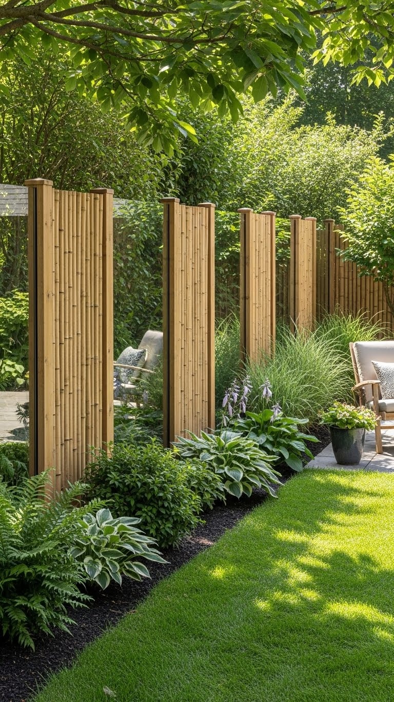 A backyard with a bamboo and glass panel fence surrounded by green grass and plants.