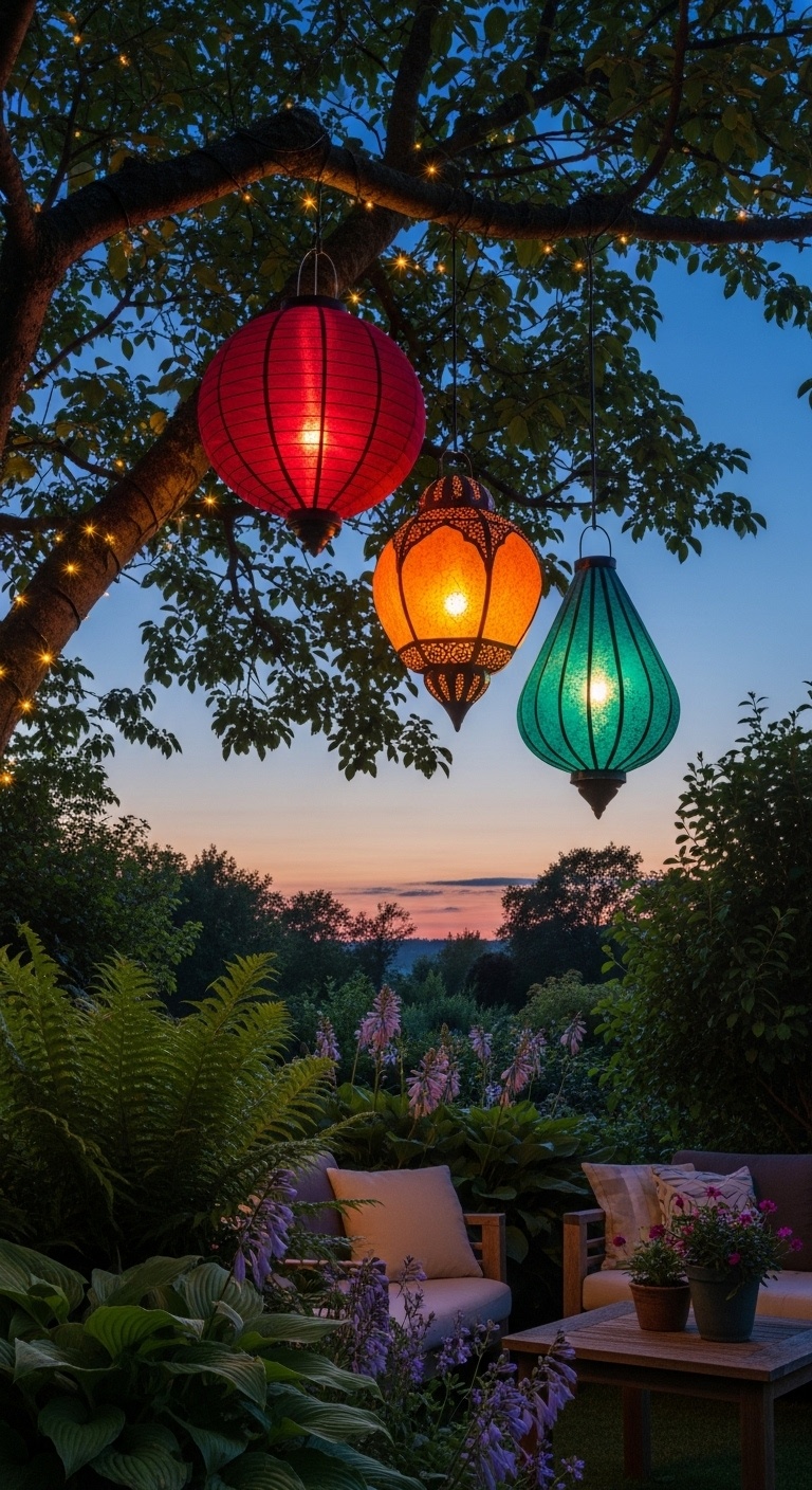 Colorful garden lanterns hanging from tree branches for fairy-tale lighting