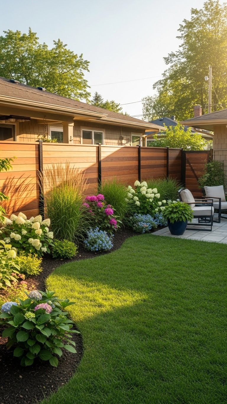 A backyard with a fence made of wooden panels and metal posts surrounded by grass and plants.
