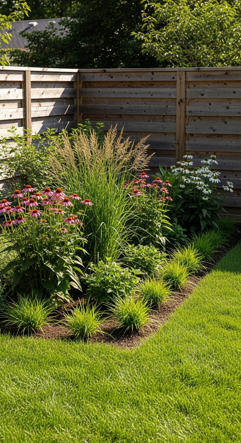 A backyard rain garden with native plants absorbing water surrounded by green grass and a wooden fence.