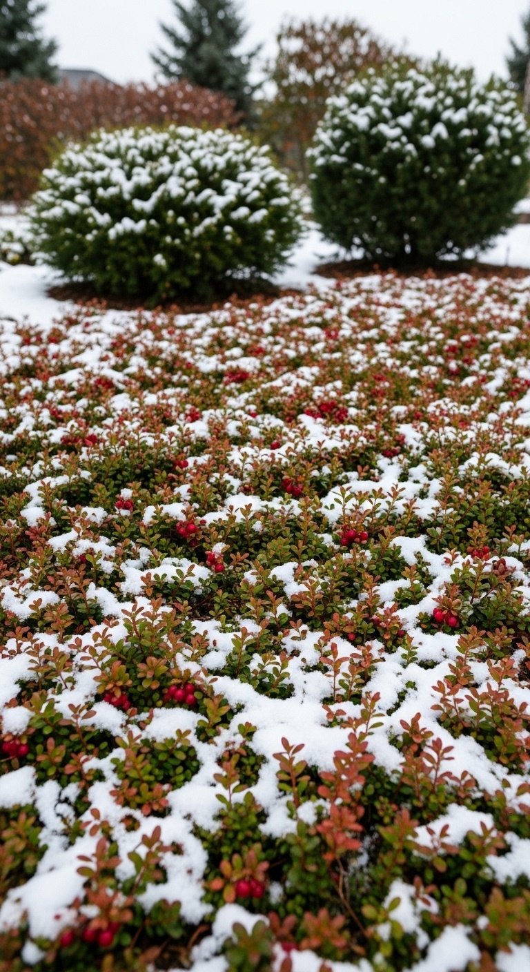 Layer with low, spreading Bearberry for winter ground cover