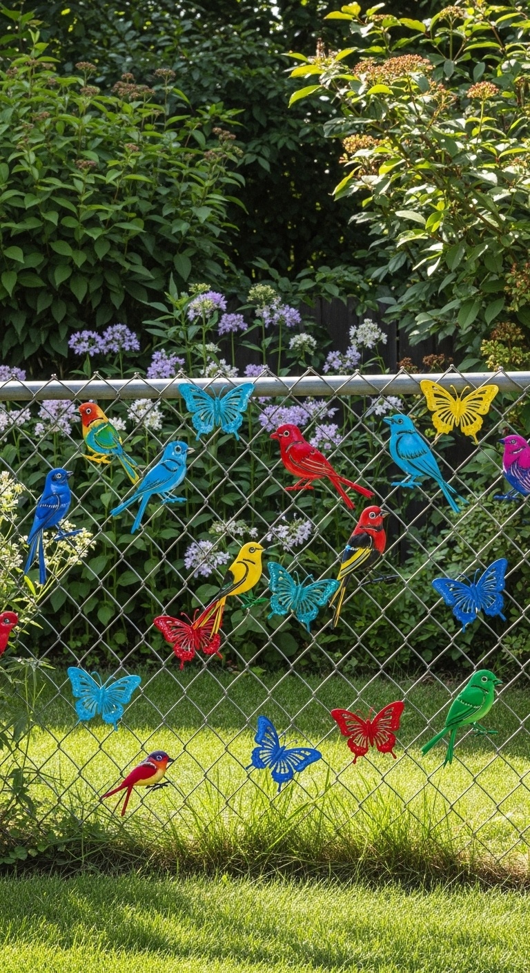 chain link fence decorated with colorful metal bird