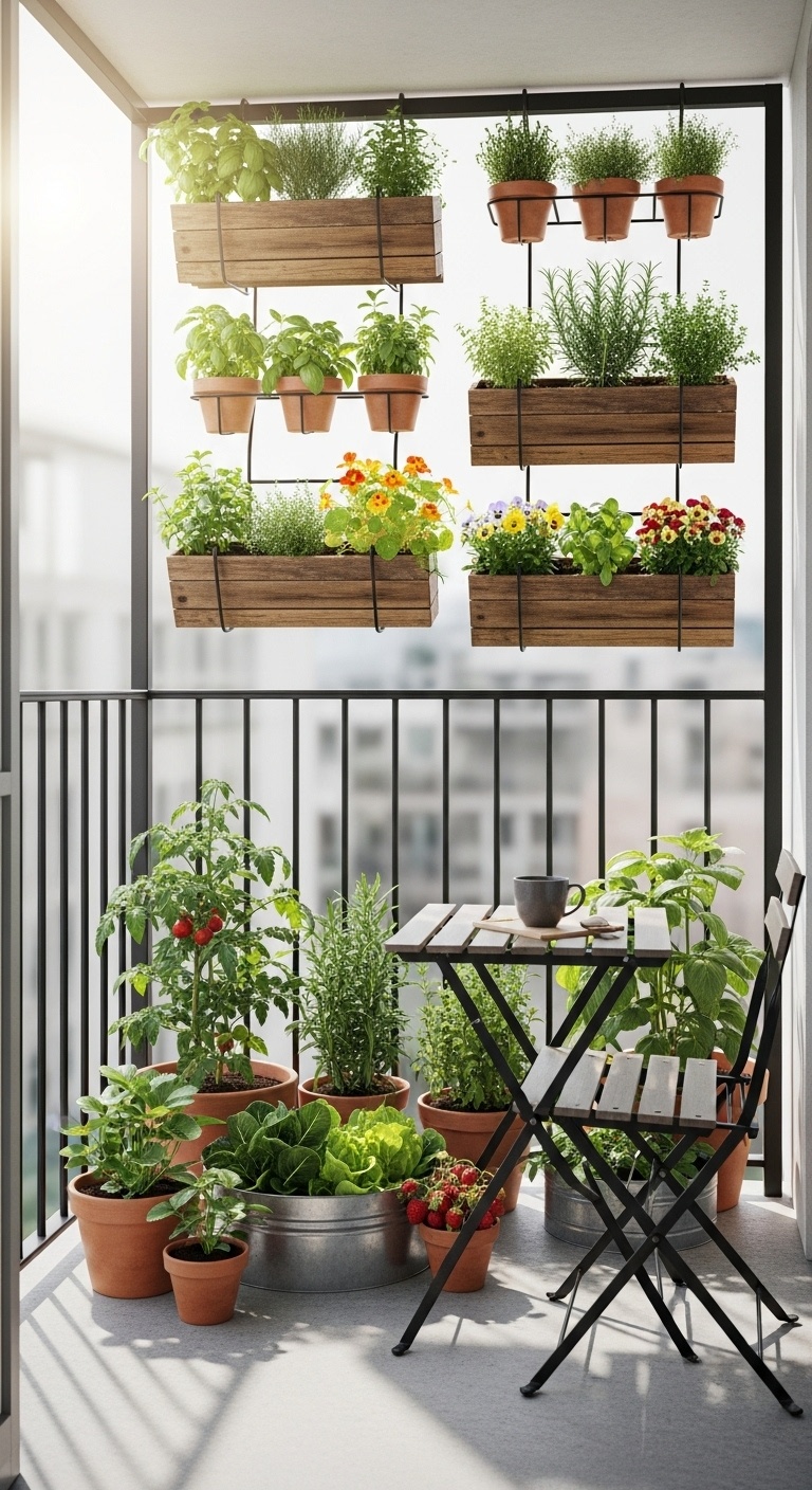 A small balcony with hanging planters full of green herbs and additional pots of plants, creating a compact edible garden.